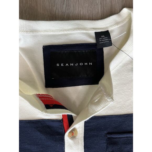 Sean John Men’s 3XL Henley T-Shirt – Colorblock Navy & White Cotton Blend - Picture 2 of 8